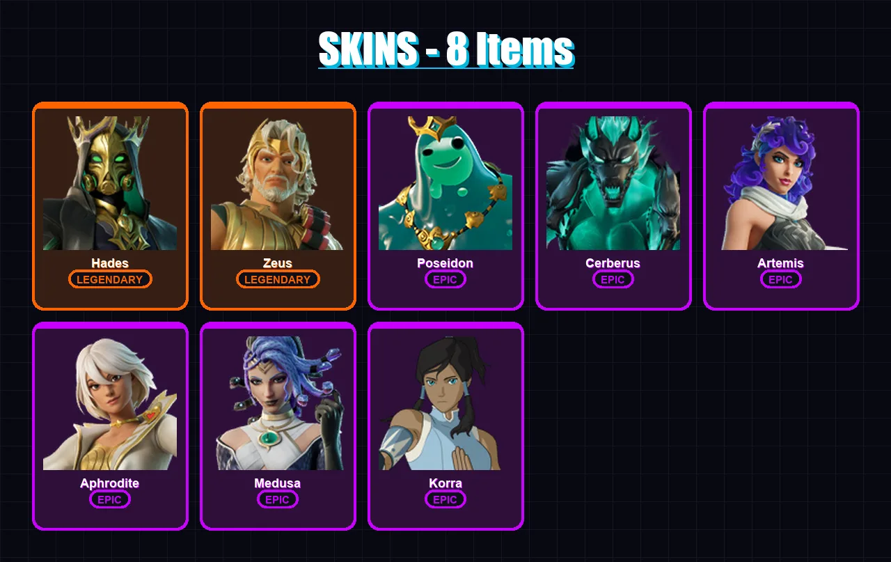 [PC/XBOX/PSN] | Hades | Zeus | Poseidon | Cerberus | Artemis | 8 skin | 20 pickaxe | 17 emote | 14 glider | Lv217