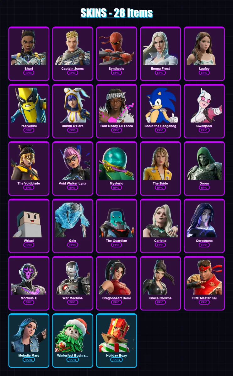 [PC/PSN] | Shuri | Captain Jones | Synthesis | Emma Frost | Laufey | 28 skin | 31 pickaxe | 15 emote | 23 glider | Lv333