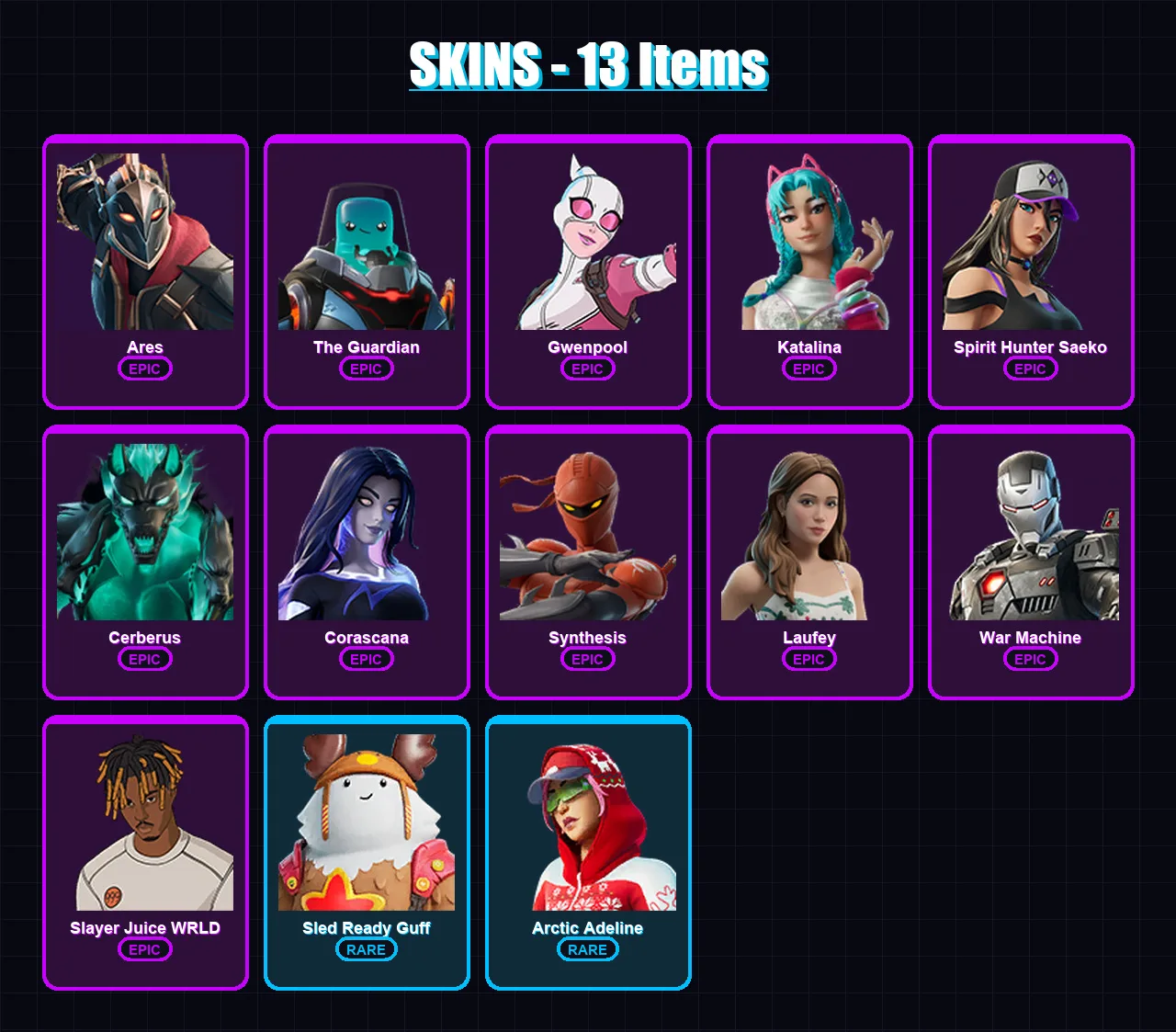 [PC/PSN] | Ares | The Guardian | Gwenpool | Katalina | Spirit Hunter Saeko | 13 skin | 22 pickaxe | 9 emote | 15 glider | Lv163