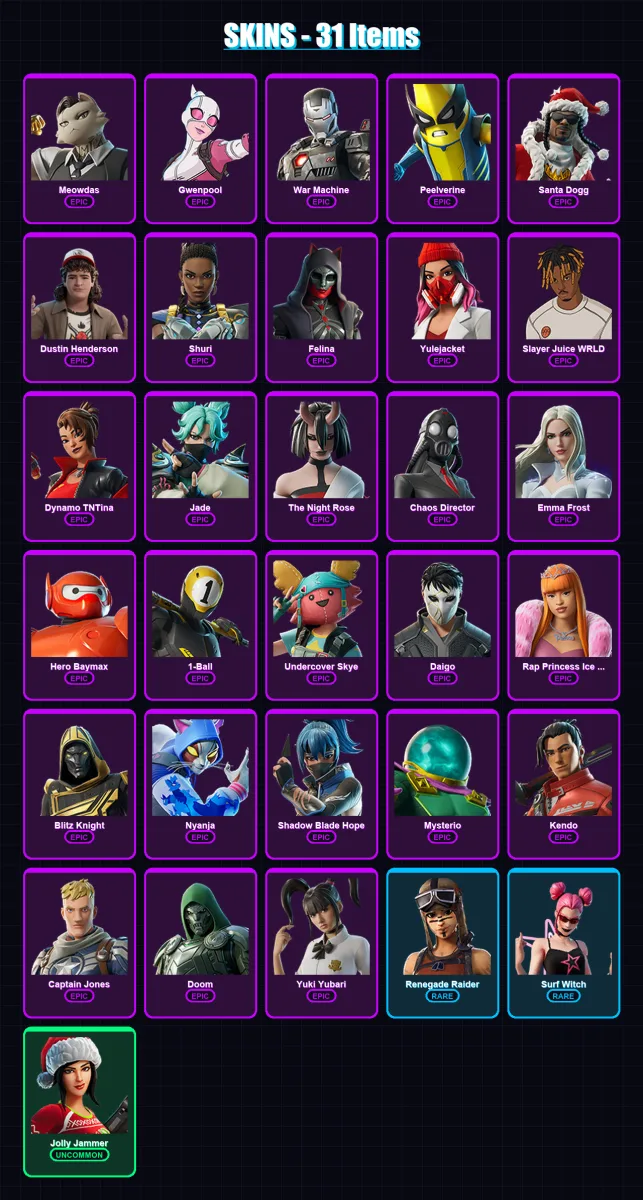 [PC/XBOX/PSN] | Meowdas | Gwenpool | War Machine | Peelverine | Santa Dogg | 31 skin | 59 pickaxe | 42 emote | 38 glider | Lv757