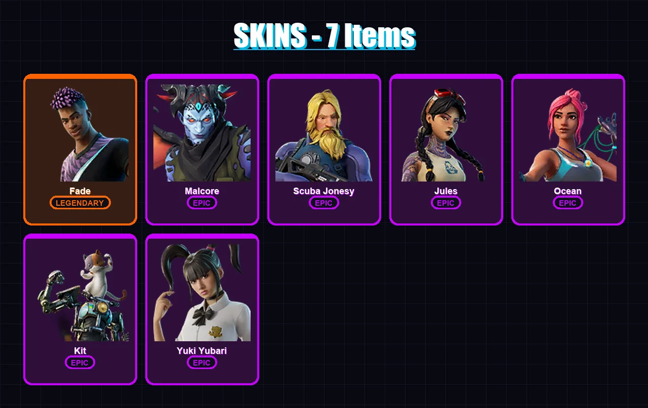 [PC/XBOX/PSN] | Fade | Malcore | Scuba Jonesy | Jules | Ocean | 7 skin | 10 pickaxe | 10 emote | 12 glider | Lv146