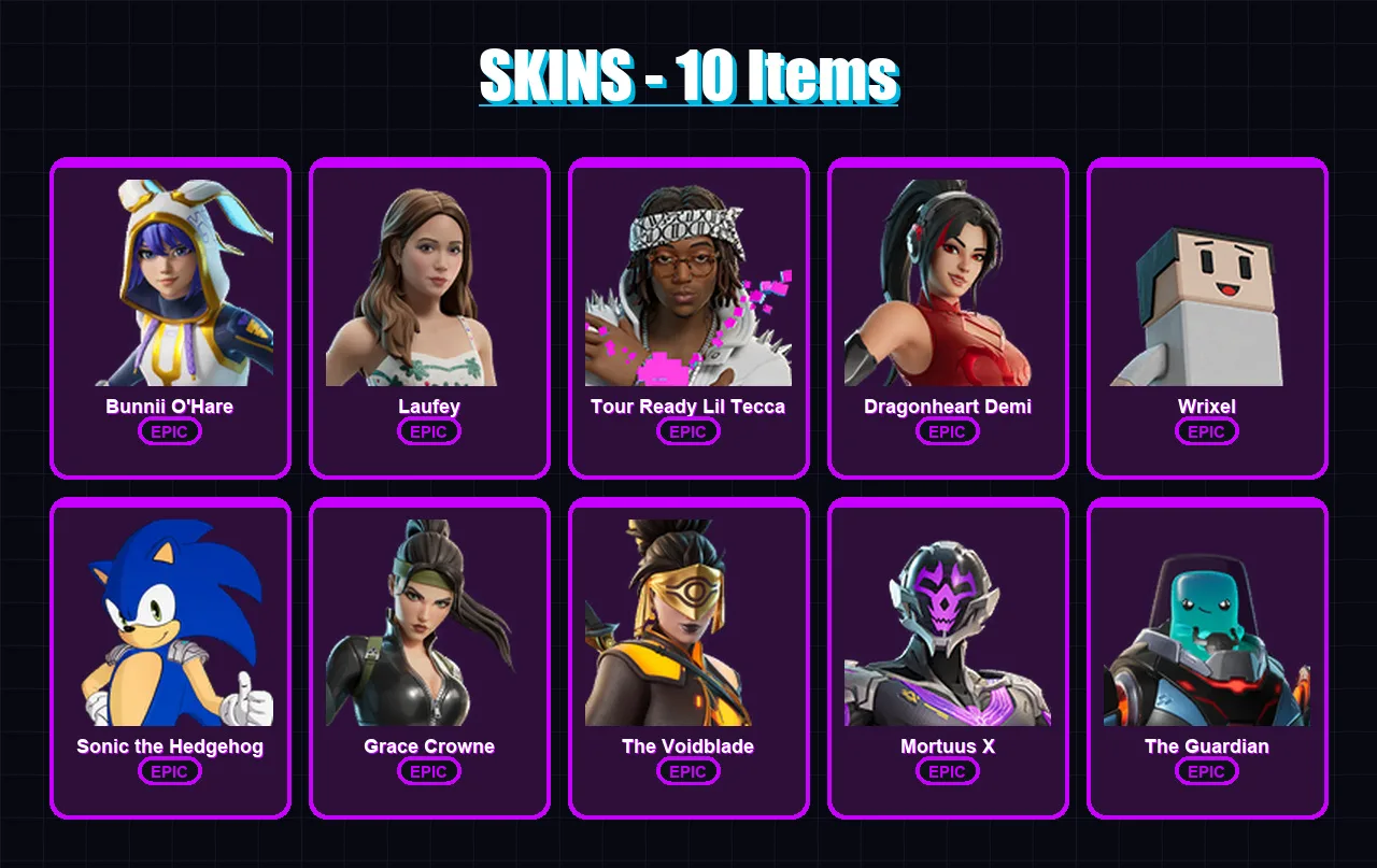 [PC/PSN] | Bunnii O'Hare | Laufey | Tour Ready Lil Tecca | Dragonheart Demi | Wrixel | 10 skin | 10 pickaxe | 5 emote | 6 glider | Lv21