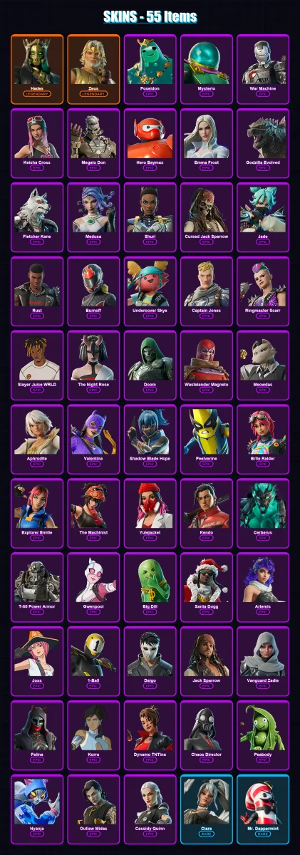 [PC/XBOX] | Hades | Zeus | Poseidon | Mysterio | War Machine | 55 skin | 102 pickaxe | 60 emote | 69 glider | Lv1104