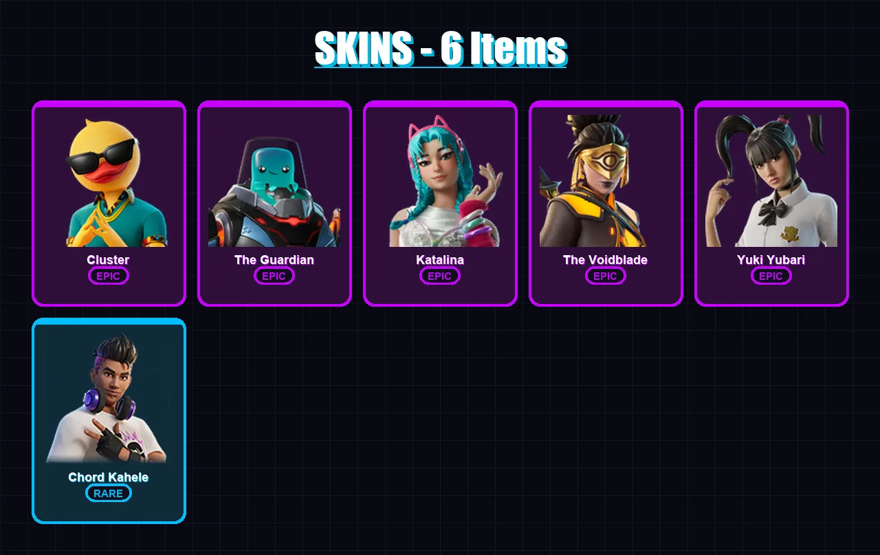 [PC/XBOX/PSN] | Cluster | The Guardian | Katalina | The Voidblade | Yuki Yubari | 6 skin | 12 pickaxe | 7 emote | 8 glider | Lv65