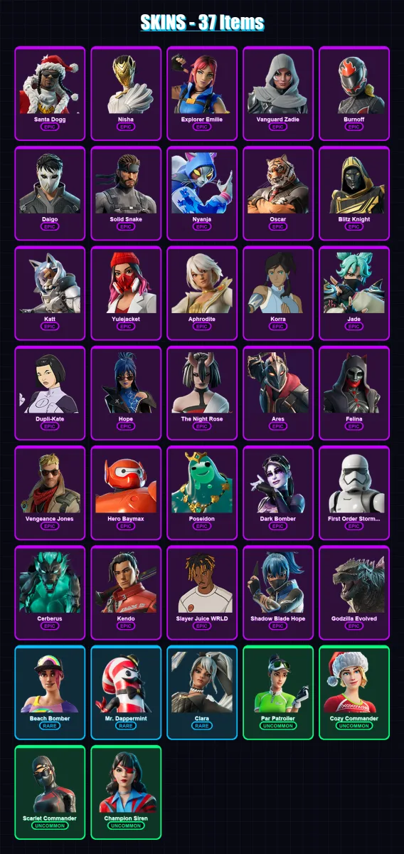 [PC/XBOX/PSN] | Santa Dogg | Nisha | Explorer Emilie | Vanguard Zadie | Burnoff | 37 skin | 66 pickaxe | 49 emote | 45 glider | Lv1177