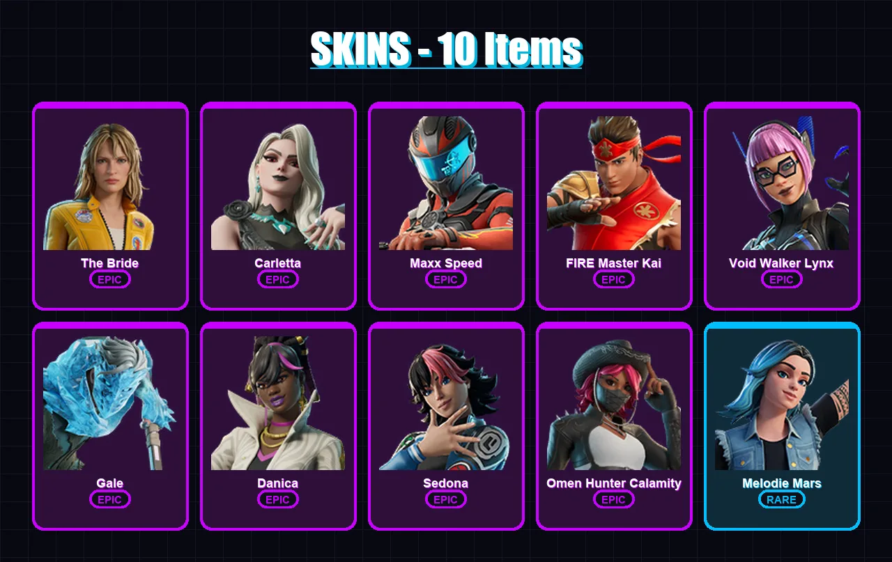 [PC/XBOX/PSN] | The Bride | Carletta | Maxx Speed | FIRE Master Kai | Void Walker Lynx | 10 skin | 8 pickaxe | 4 emote | 4 glider | Lv30 — Fortnite account