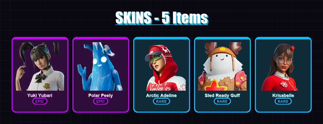 [PC/PSN] | Yuki Yubari | Polar Peely | Arctic Adeline | Sled Ready Guff | Krisabelle | 5 skin | 23 pickaxe | 16 emote | 20 glider | Lv259