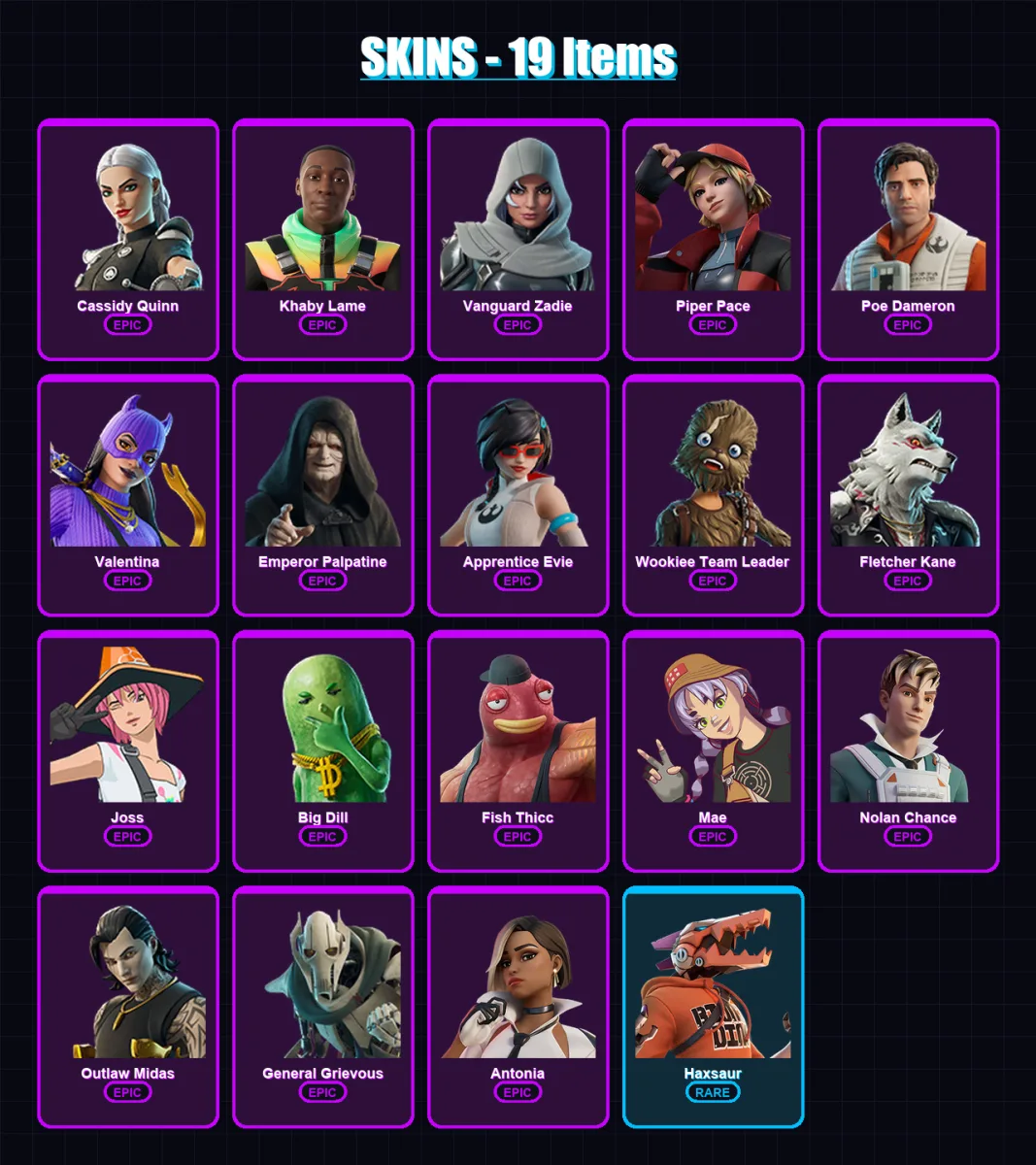 [PC/XBOX/PSN] | Cassidy Quinn | Khaby Lame | Vanguard Zadie | Piper Pace | Poe Dameron | 19 skin | 32 pickaxe | 20 emote | 25 glider | Lv299