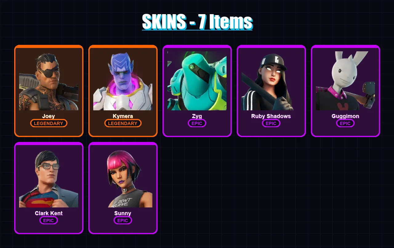 [PC/XBOX/PSN] | Joey | Kymera | Zyg | Ruby Shadows | Guggimon | 7 skin | 7 pickaxe | 10 emote | 11 glider | Lv103