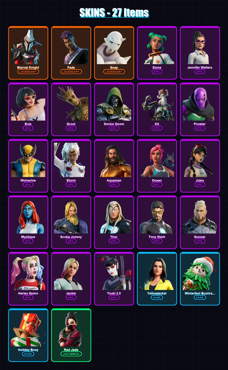 [PC/XBOX] | Eternal Knight | Fade | Snap | Siona | Jennifer Walters | 27 skin | 35 pickaxe | 25 emote | 35 glider | Lv608 — Fortnite account
