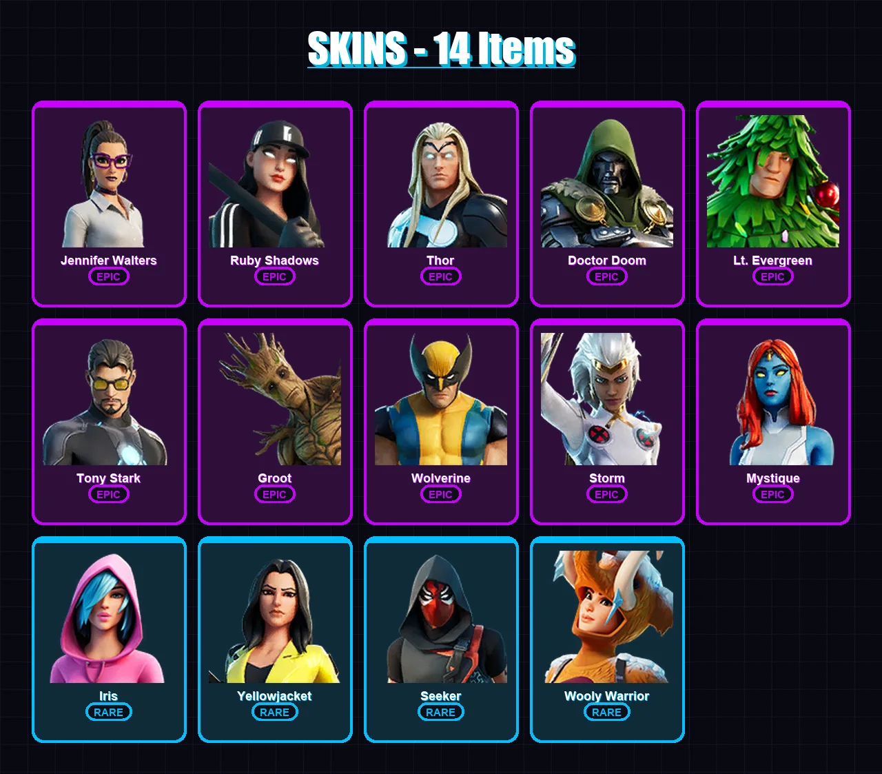 [PS4/PS5/XBOX/PC] | Jennifer Walters | Ruby Shadows | Thor | Doctor Doom | Lt. Evergreen | 14 skin | 24 pickaxe | 23 emote | 23 glider | Lv430