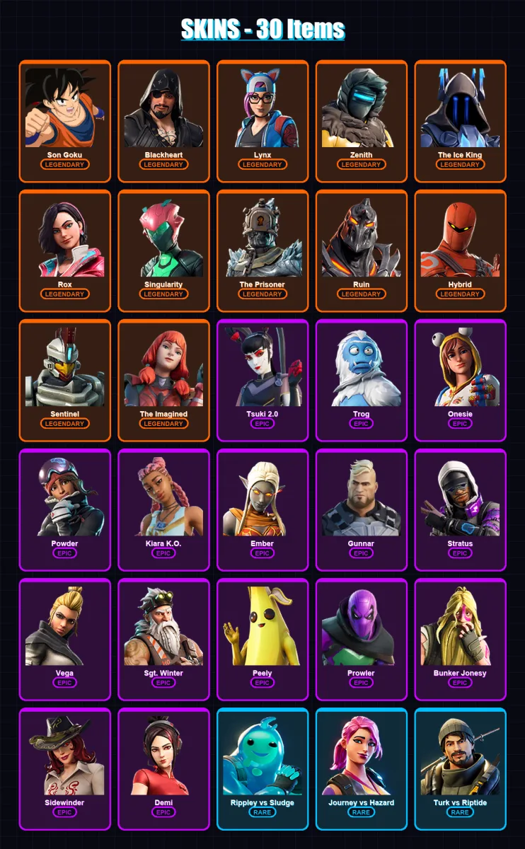 [PC/XBOX/PSN] | Son Goku | Blackheart | Lynx | Zenith | The Ice King | 30 skin | 34 pickaxe | 31 emote | 36 glider | Lv338