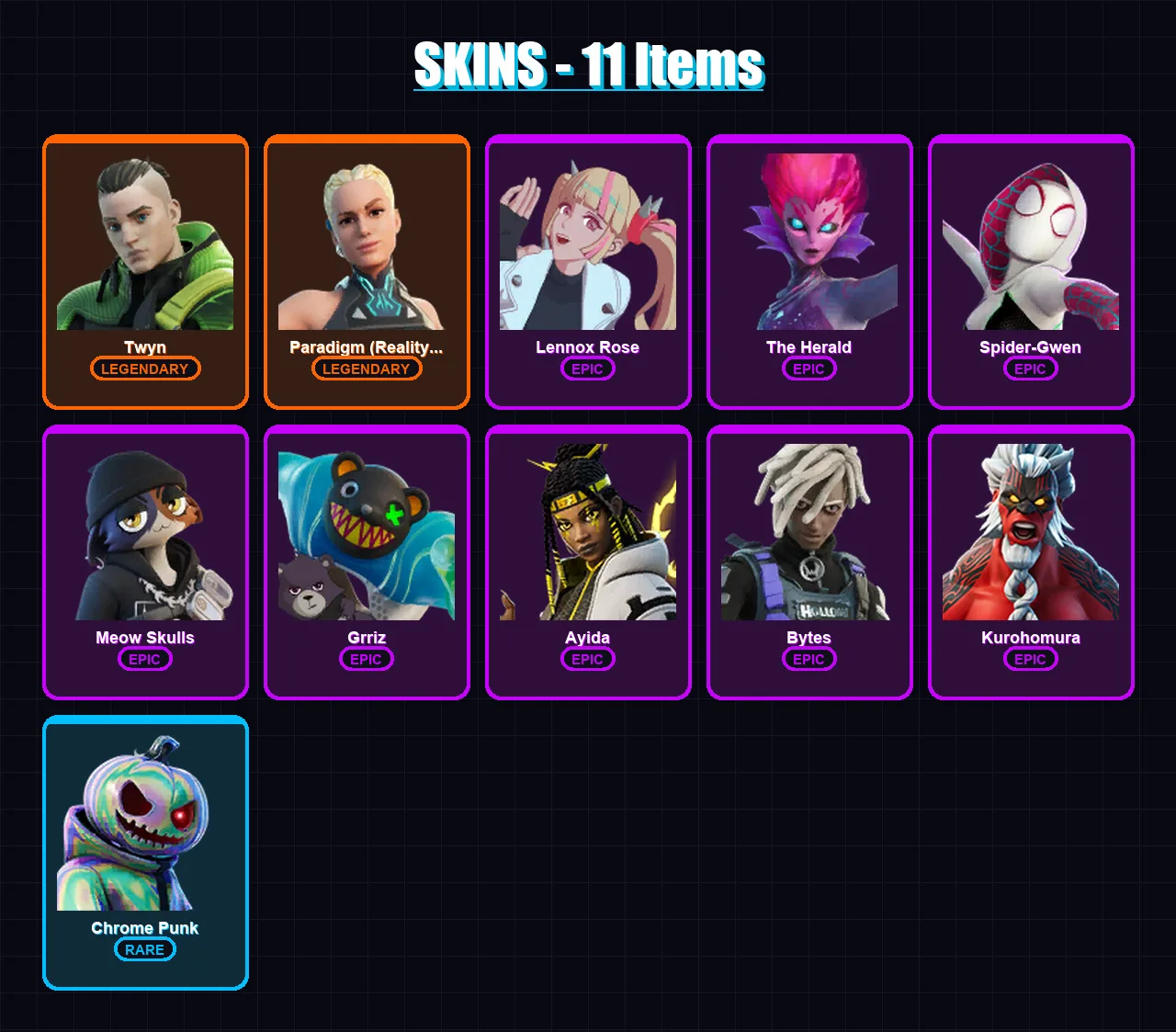 [PC/PSN] | Twyn | Paradigm (Reality-659) | Lennox Rose | The Herald | Spider-Gwen | 11 skin | 11 pickaxe | 10 emote | 10 glider | Lv172