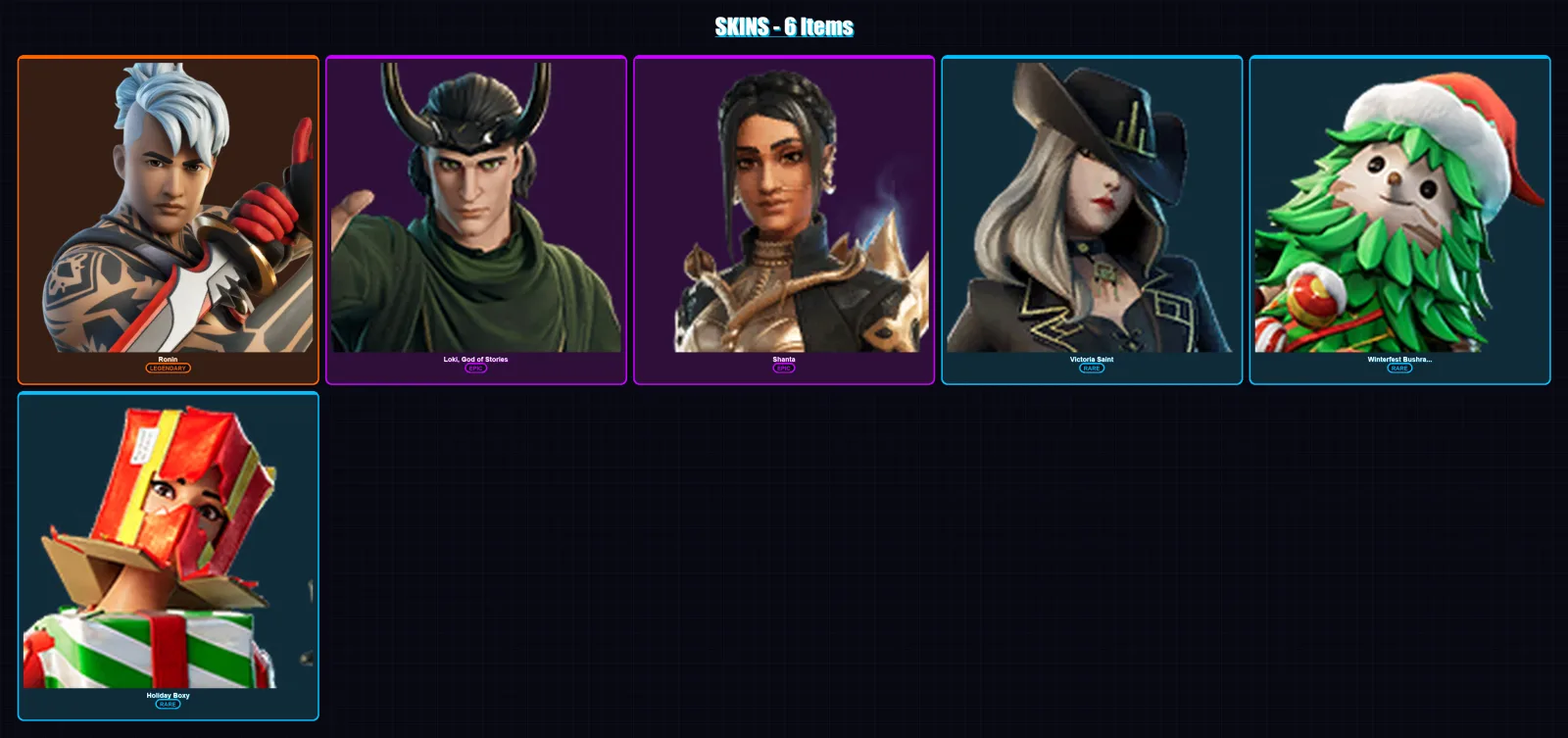 [PC/PSN] | Ronin | Loki, God of Stories | Shanta | Victoria Saint | Winterfest Bushranger | 6 skin | 15 pickaxe | 8 emote | 17 glider | Lv163