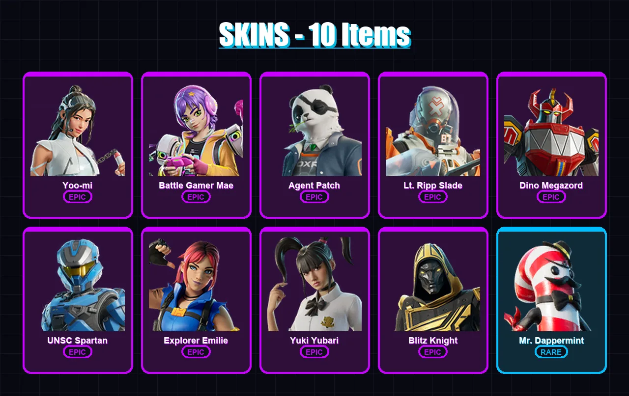 [PC/XBOX/PSN] | Yoo-mi | Battle Gamer Mae | Agent Patch | Lt. Ripp Slade | Dino Megazord | 10 skin | 55 pickaxe | 22 emote | 34 glider | Lv436 — Fortnite account