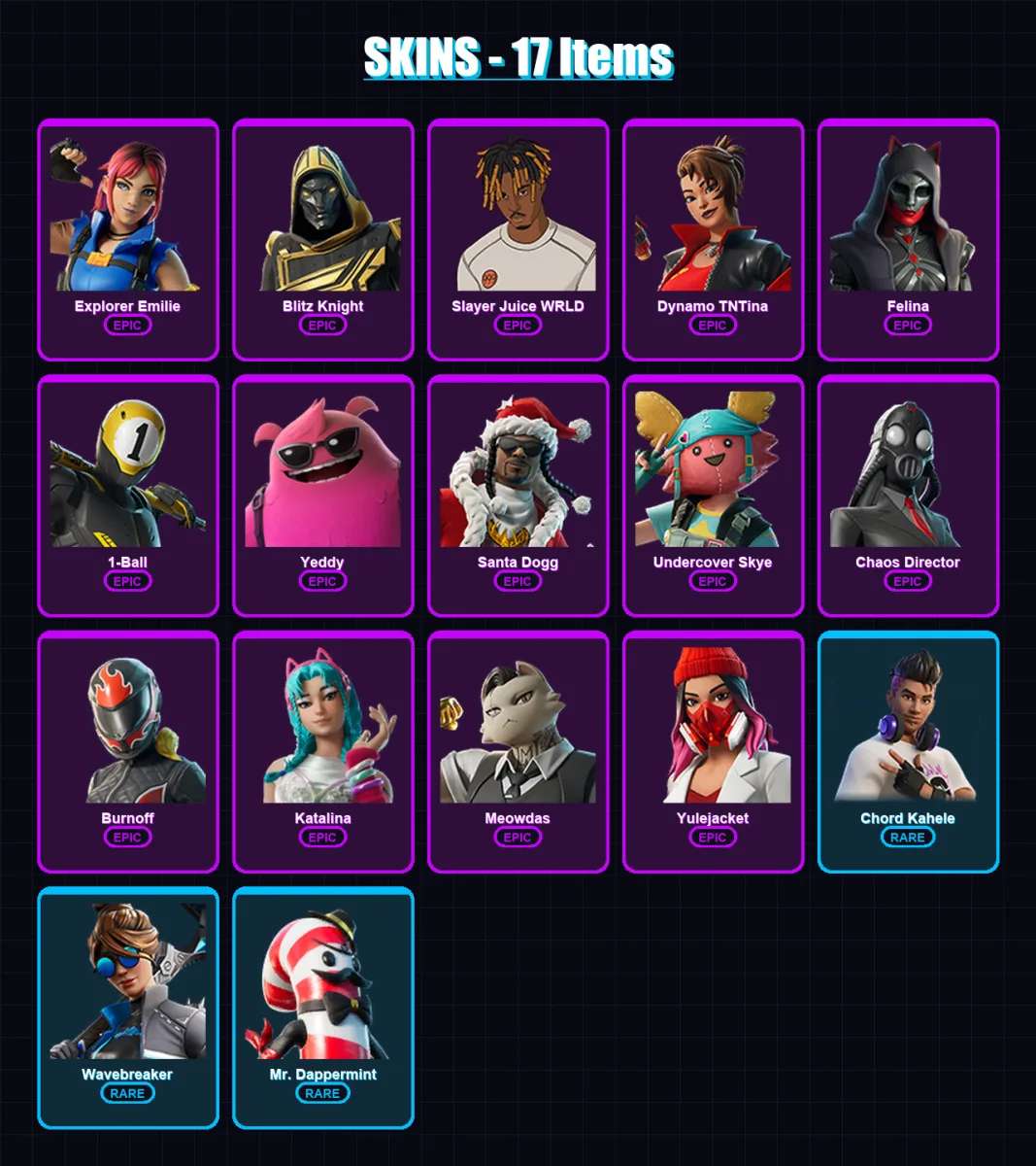 [PC/XBOX/PSN] | Explorer Emilie | Blitz Knight | Slayer Juice WRLD | Dynamo TNTina | Felina | 17 skin | 64 pickaxe | 27 emote | 43 glider | Lv900
