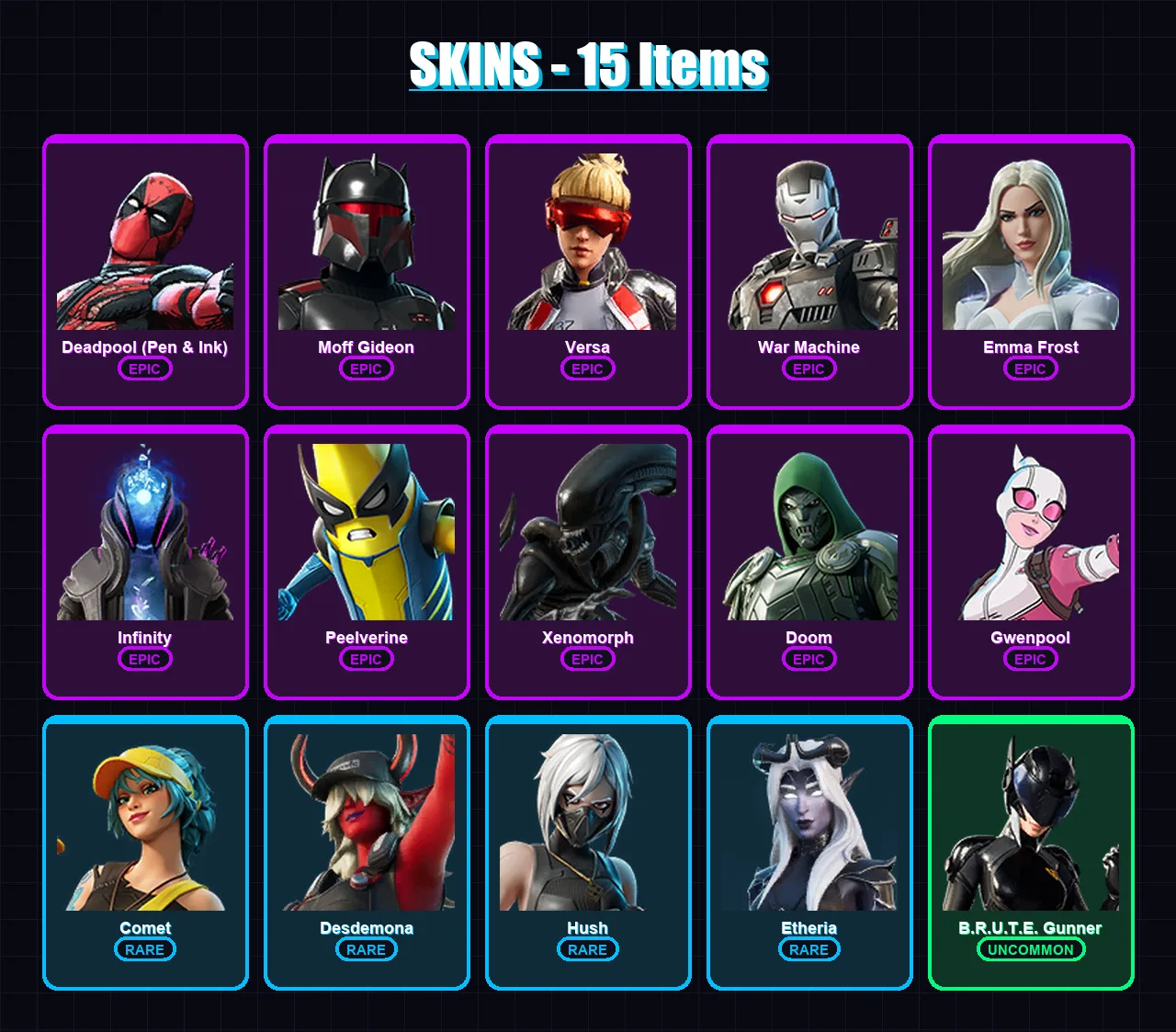 [PC/XBOX/PSN] | Deadpool (Pen & Ink) | Moff Gideon | Versa | War Machine | Emma Frost | 15 skin | 18 pickaxe | 11 emote | 11 glider | Lv109