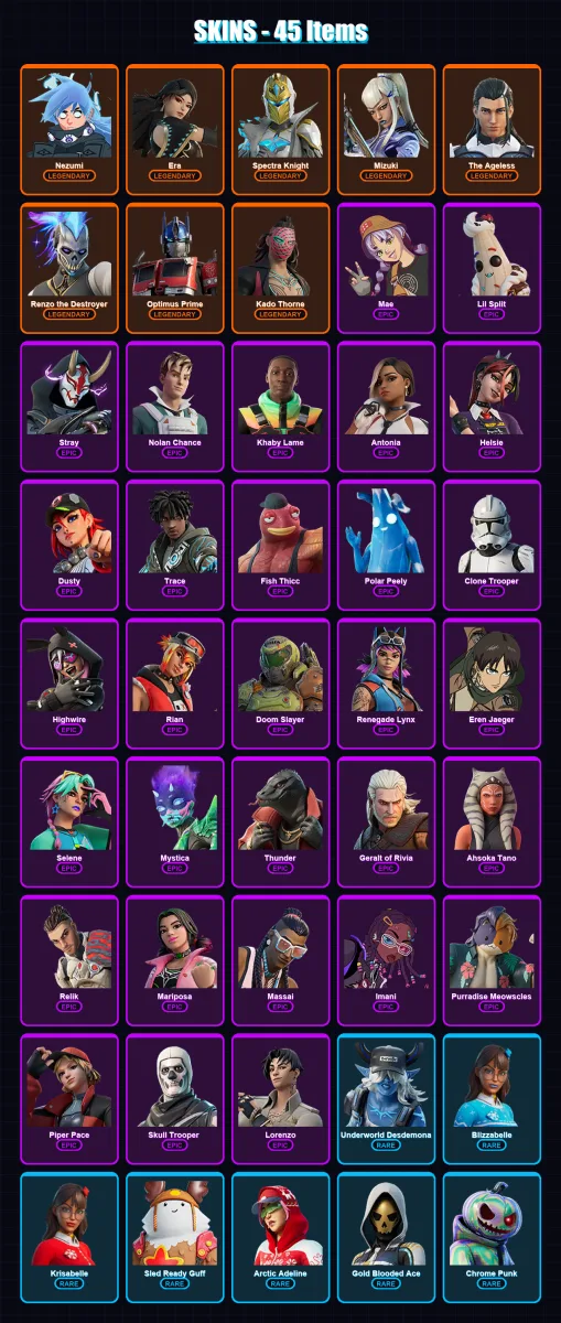 [PC/XBOX/PSN] | Nezumi | Era | Spectra Knight | Mizuki | The Ageless | 45 skin | 54 pickaxe | 54 emote | 52 glider | Lv717