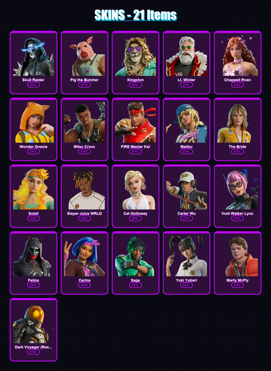 [PS4/PS5/XBOX/PC] | Skull Raider | Pig the Butcher | Kingston | Lt. Winter | Chappell Roan | 21 skin | 69 pickaxe | 38 emote | 46 glider | Lv599