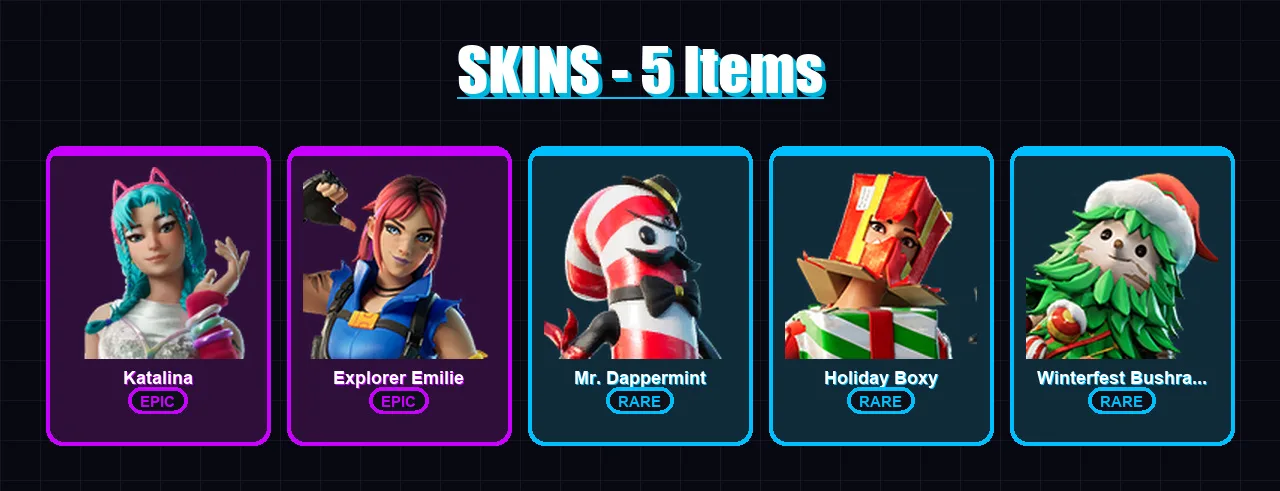 [PC/XBOX/PSN] | Katalina | Explorer Emilie | Mr. Dappermint | Holiday Boxy | Winterfest Bushranger | 5 skin | 3 pickaxe | 5 emote | 8 glider | Lv35