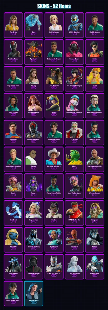 [PC/XBOX/PSN] | The Bride | Gale | Cat Holloway | UNSC Spartan | Marble Maven | 52 skin | 52 pickaxe | 33 emote | 29 glider | Lv174