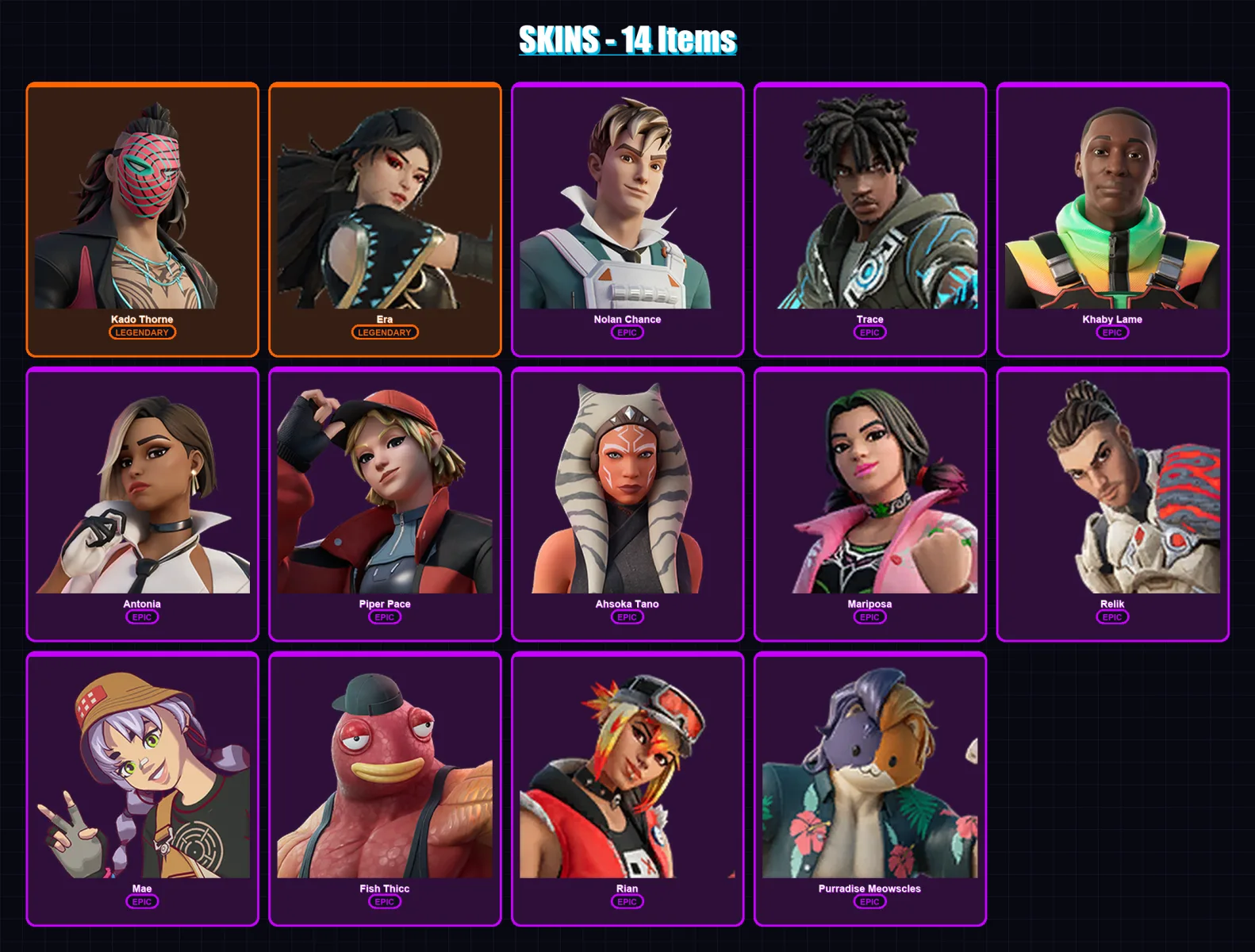[PC/XBOX] | Kado Thorne | Era | Nolan Chance | Trace | Khaby Lame | 14 skin | 18 pickaxe | 13 emote | 17 glider | Lv210