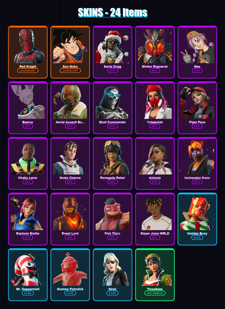 [PC/PSN] | Red Knight | Son Goku | Santa Dogg | Molten Ragnarok | Mae | 24 skin | 34 pickaxe | 29 emote | 21 glider | Lv251