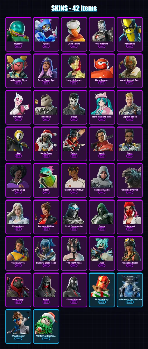 [PC/XBOX/PSN] | Mysterio | Nyanja | Durrr Taisho | War Machine | Peelverine | 42 skin | 83 pickaxe | 54 emote | 50 glider | Lv1062
