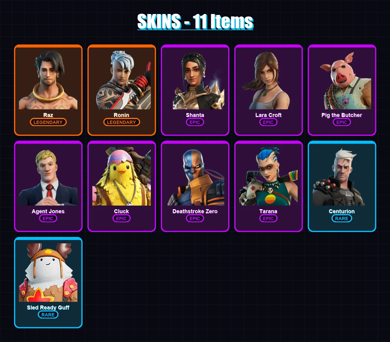 [PC/PSN] | Raz | Ronin | Shanta | Lara Croft | Pig the Butcher | 11 skin | 19 pickaxe | 25 emote | 23 glider | Lv327