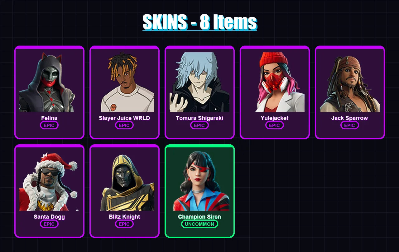 [PC/XBOX/PSN] | Felina | Slayer Juice WRLD | Tomura Shigaraki | Yulejacket | Jack Sparrow | 8 skin | 43 pickaxe | 21 emote | 30 glider | Lv564