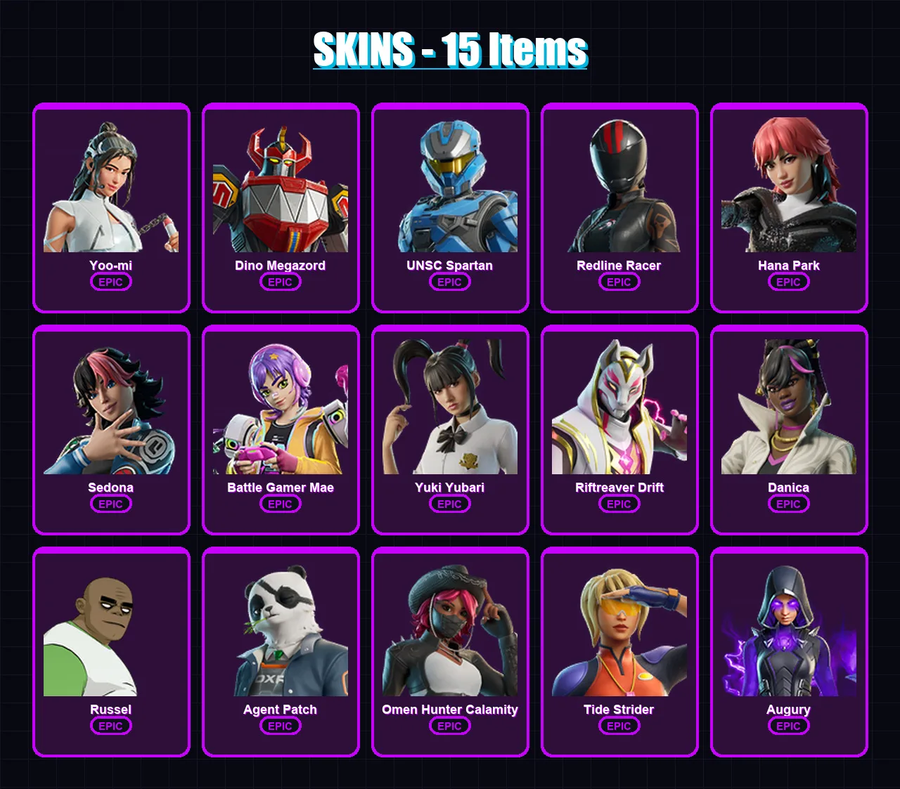 [PC/PSN] | Yoo-mi | Dino Megazord | UNSC Spartan | Redline Racer | Hana Park | 15 skin | 20 pickaxe | 16 emote | 15 glider | Lv90