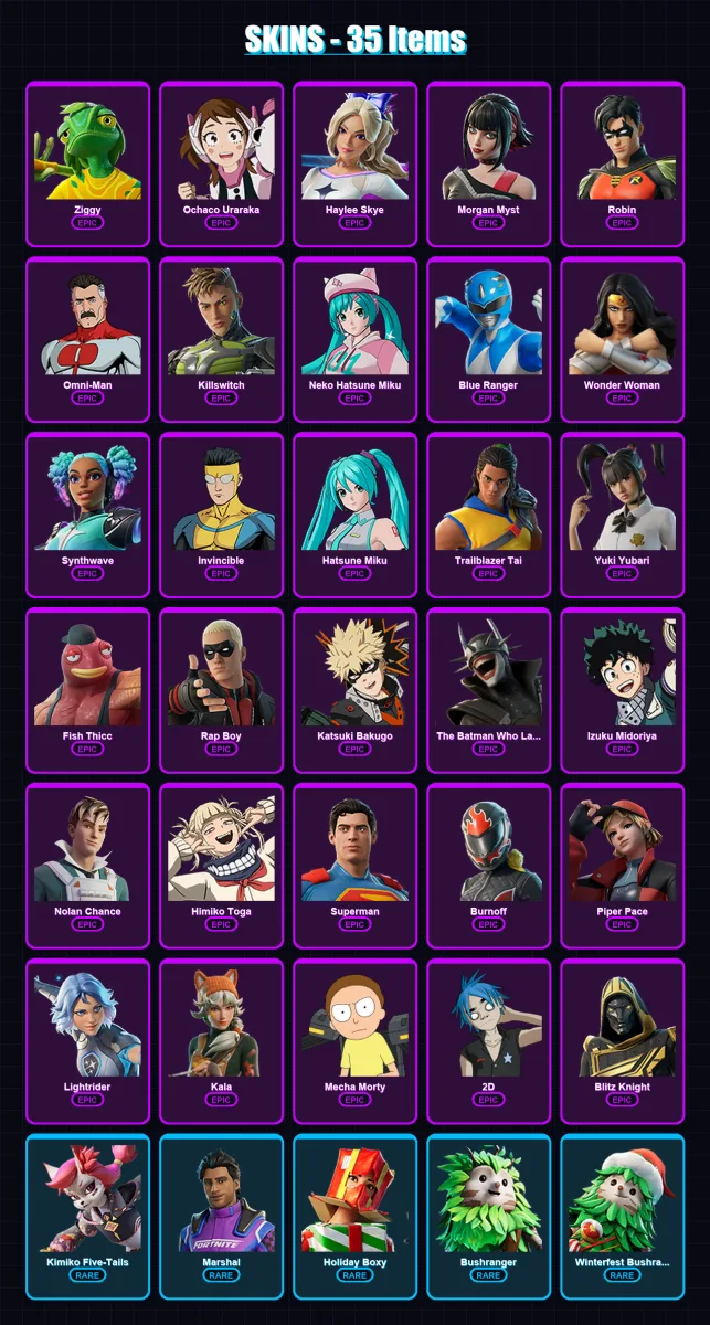 [PS4/PS5/XBOX/PC] | Ziggy | Ochaco Uraraka | Haylee Skye | Morgan Myst | Robin | 35 skin | 61 pickaxe | 50 emote | 44 glider | Lv550
