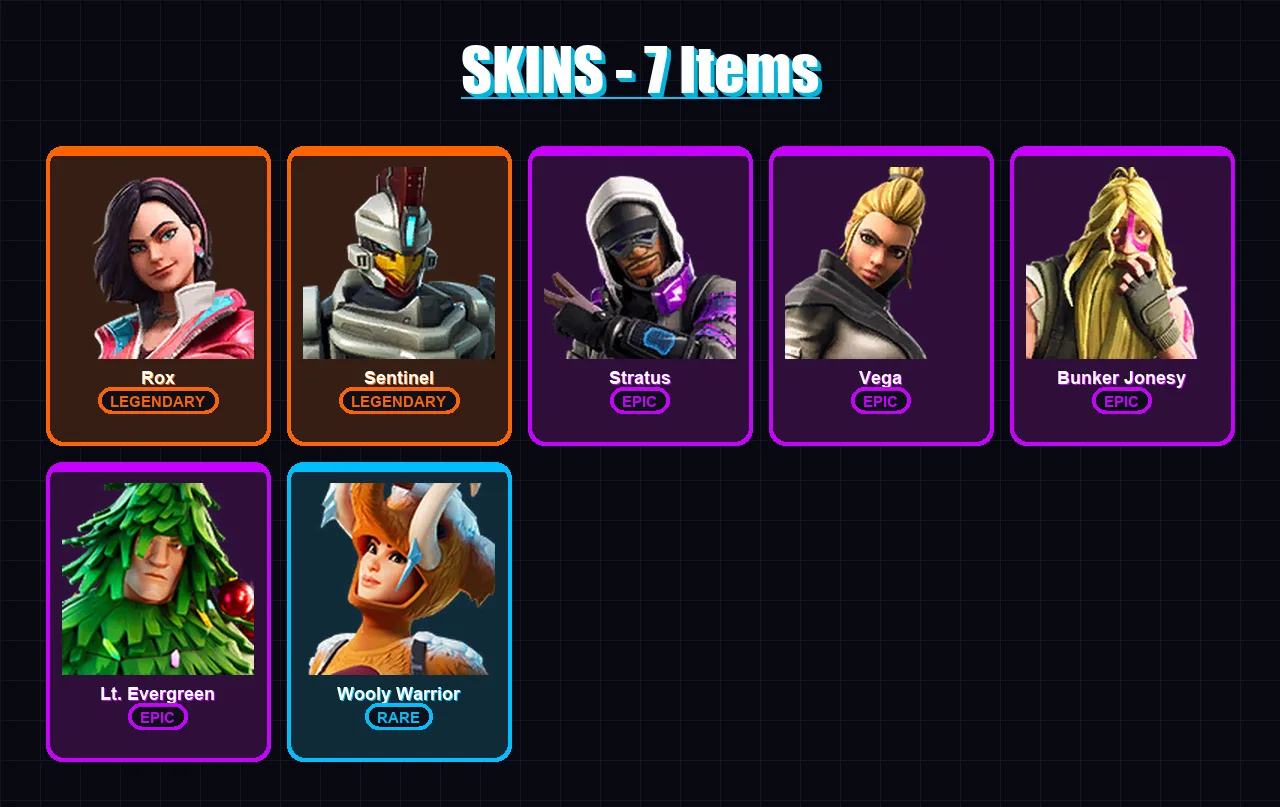 [PS4/PS5/XBOX/PC] | Rox | Sentinel | Stratus | Vega | Bunker Jonesy | 7 skin | 8 pickaxe | 11 emote | 10 glider | Lv139
