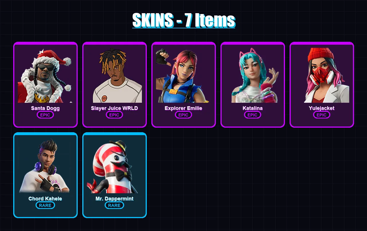 [PC/XBOX/PSN] | Santa Dogg | Slayer Juice WRLD | Explorer Emilie | Katalina | Yulejacket | 7 skin | 18 pickaxe | 9 emote | 11 glider | Lv133