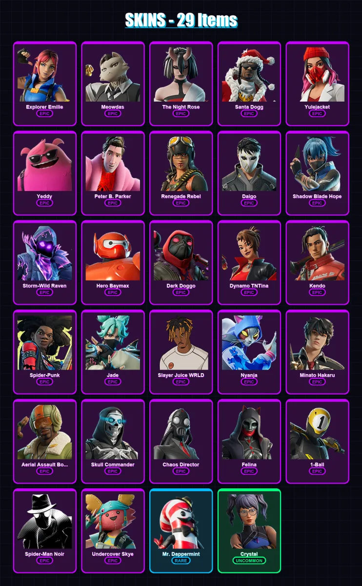 [PC/XBOX/PSN] | Explorer Emilie | Meowdas | The Night Rose | Santa Dogg | Yulejacket | 29 skin | 46 pickaxe | 22 emote | 27 glider | Lv282