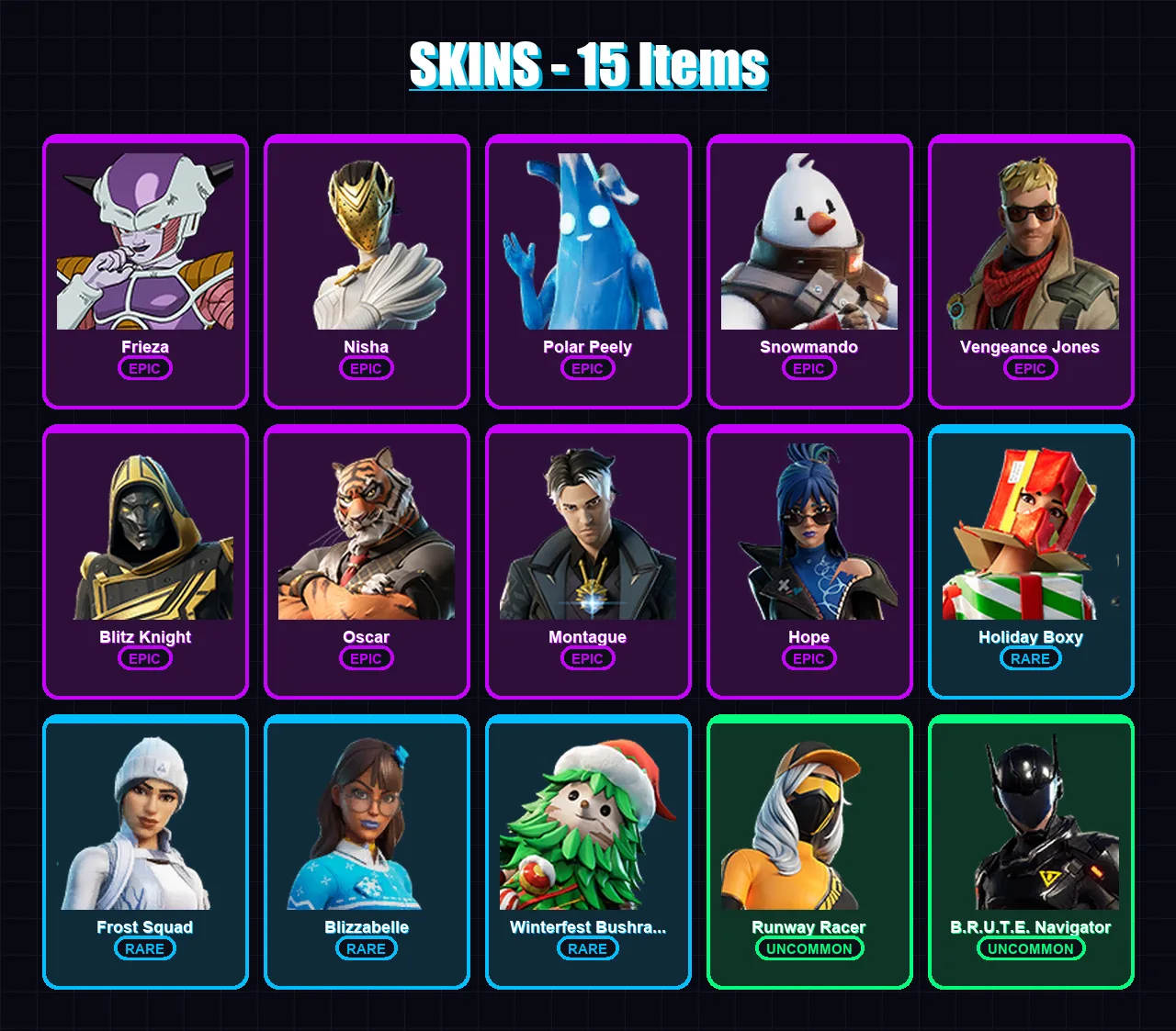 [PC/PSN] | Frieza | Nisha | Polar Peely | Snowmando | Vengeance Jones | 15 skin | 28 pickaxe | 21 emote | 26 glider | Lv318 — Fortnite account