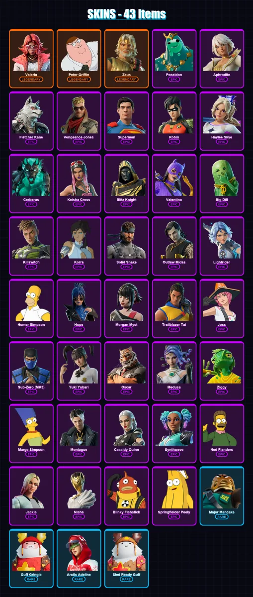 [PS4/PS5/XBOX/PC] | Valeria | Peter Griffin | Zeus | Poseidon | Aphrodite | 43 skin | 78 pickaxe | 50 emote | 59 glider | Lv660