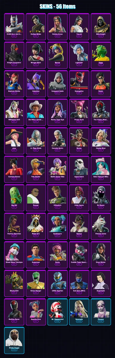 [PC/PSN] | O.M.E.G.A. Suit Alpha | Outlaw Midas | Keisha Cross | Yoo-mi | Blitz Knight | 56 skin | 78 pickaxe | 57 emote | 54 glider | Lv1203
