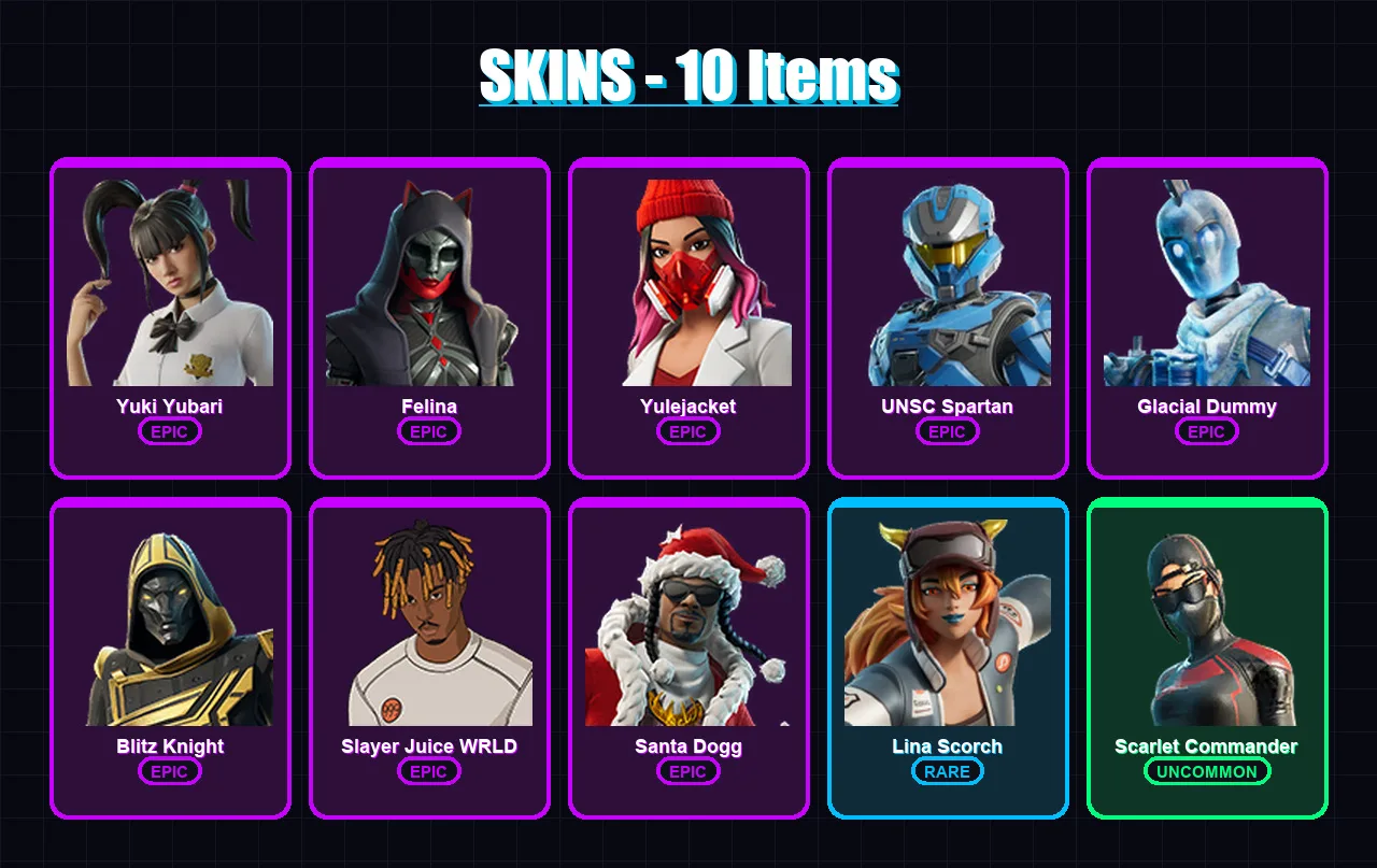 [PC/XBOX] | Yuki Yubari | Felina | Yulejacket | UNSC Spartan | Glacial Dummy | 10 skin | 60 pickaxe | 31 emote | 39 glider | Lv595 — Fortnite account