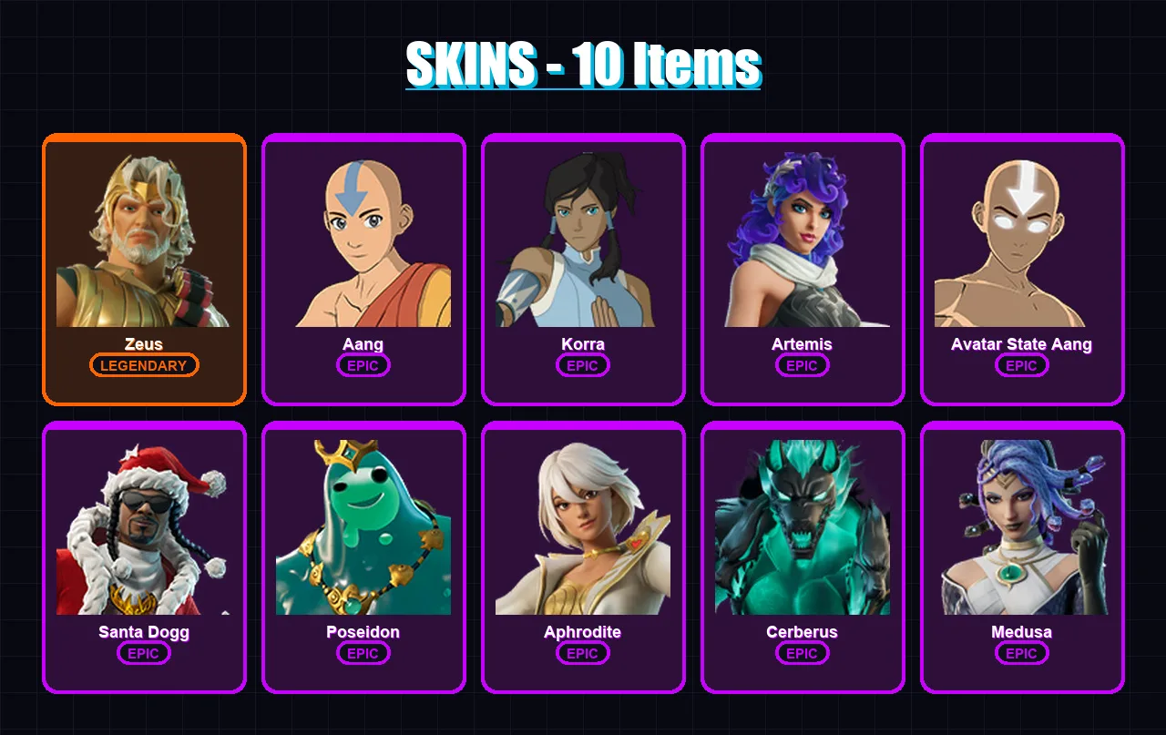 [PC/PSN] | Zeus | Aang | Korra | Artemis | Avatar State Aang | 10 skin | 18 pickaxe | 13 emote | 15 glider | Lv145