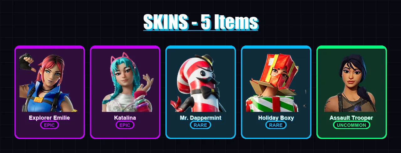 [PC/XBOX/PSN] | Explorer Emilie | Katalina | Mr. Dappermint | Holiday Boxy | Assault Trooper | 5 skin | 7 pickaxe | 6 emote | 6 glider | Lv84