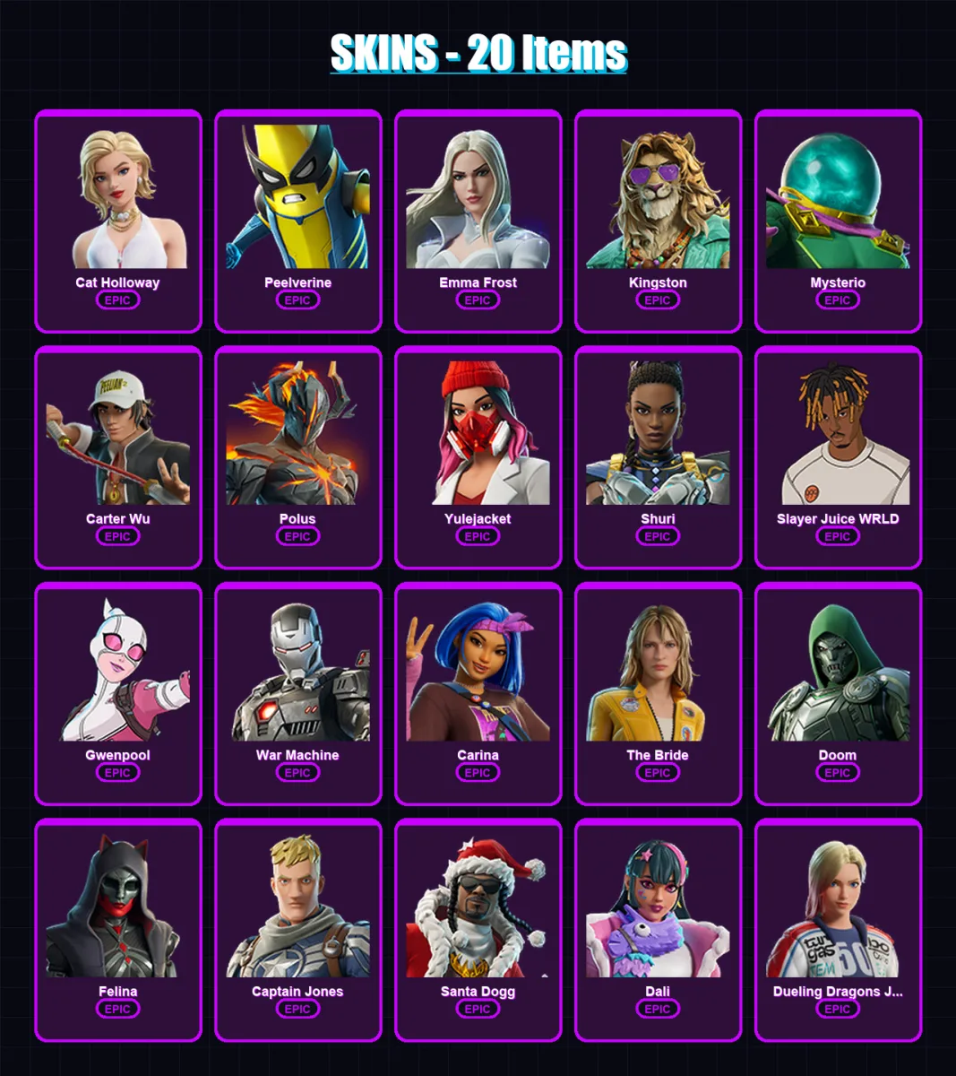 [PC/PSN] | Cat Holloway | Peelverine | Emma Frost | Kingston | Mysterio | 20 skin | 68 pickaxe | 36 emote | 50 glider | Lv708