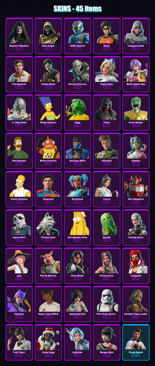 [PC/XBOX/PSN] | Emperor Palpatine | Blitz Knight | UNSC Spartan | Robin | Vanguard Zadie | 45 skin | 100 pickaxe | 57 emote | 63 glider | Lv1106