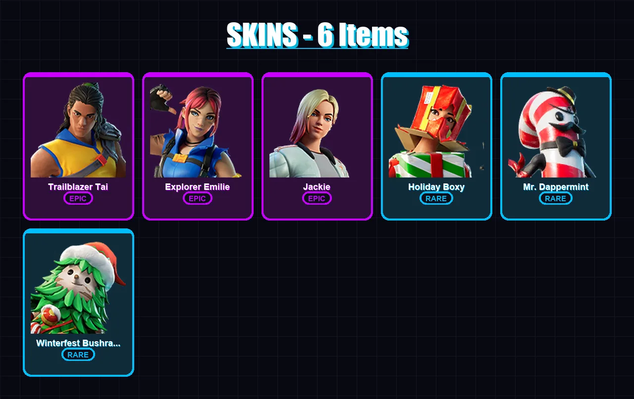 [PC] | Trailblazer Tai | Explorer Emilie | Jackie | Holiday Boxy | Mr. Dappermint | 6 skin | 10 pickaxe | 5 emote | 8 glider | Lv106