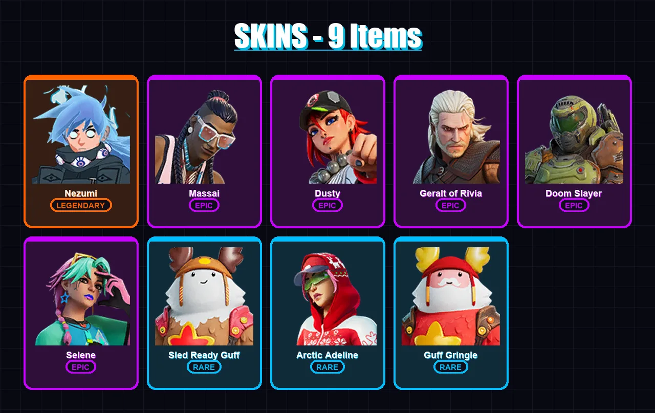 [PC/XBOX/PSN] | Nezumi | Massai | Dusty | Geralt of Rivia | Doom Slayer | 9 skin | 14 pickaxe | 12 emote | 18 glider | Lv110