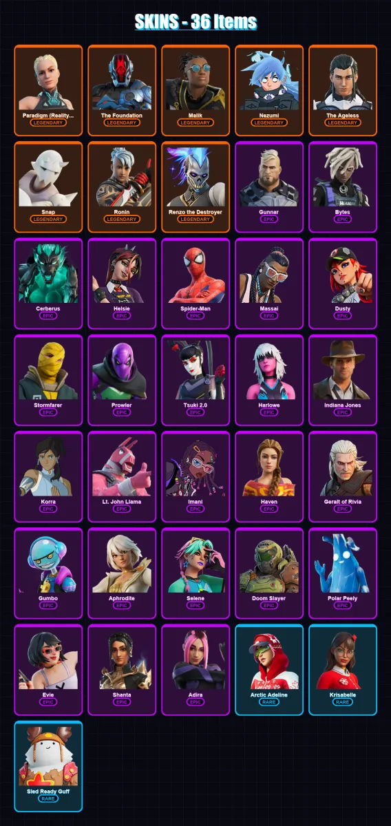 [PC/XBOX] | Paradigm (Reality-659) | The Foundation | Malik | Nezumi | The Ageless | 36 skin | 55 pickaxe | 33 emote | 52 glider | Lv547 — Fortnite account