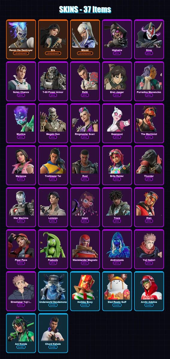 [PC/XBOX] | Renzo the Destroyer | Era | Mizuki | Highwire | Stray | 37 skin | 56 pickaxe | 39 emote | 47 glider | Lv593