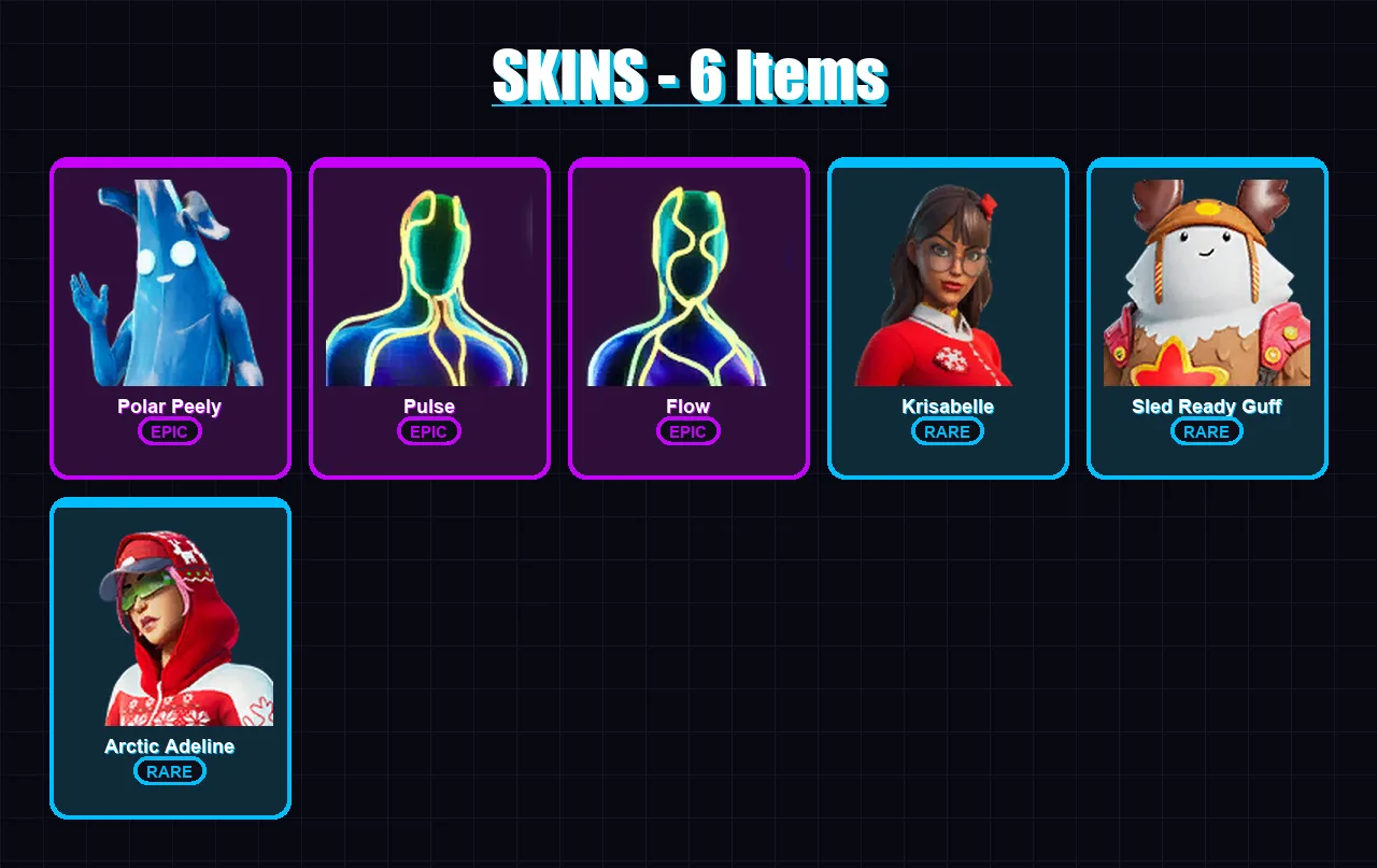 [PC/XBOX/PSN] | Polar Peely | Pulse | Flow | Krisabelle | Sled Ready Guff | 6 skin | 8 pickaxe | 8 emote | 9 glider | Lv50