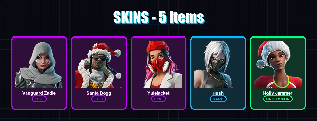[PC/XBOX/PSN] | Vanguard Zadie | Santa Dogg | Yulejacket | Hush | Holly Jammer | 5 skin | 47 pickaxe | 19 emote | 26 glider | Lv430