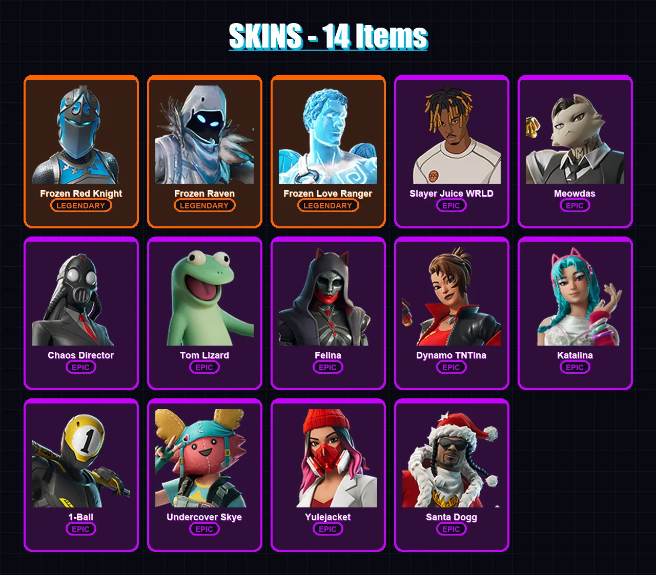 [PC/PSN] | Frozen Red Knight | Frozen Raven | Frozen Love Ranger | Slayer Juice WRLD | Meowdas | 14 skin | 39 pickaxe | 16 emote | 26 glider | Lv237